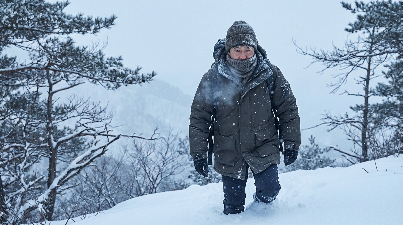 맹추위가 한반도를 덮친 극한의 겨울 날씨에 눈 덮인 길을 걷는 사람
