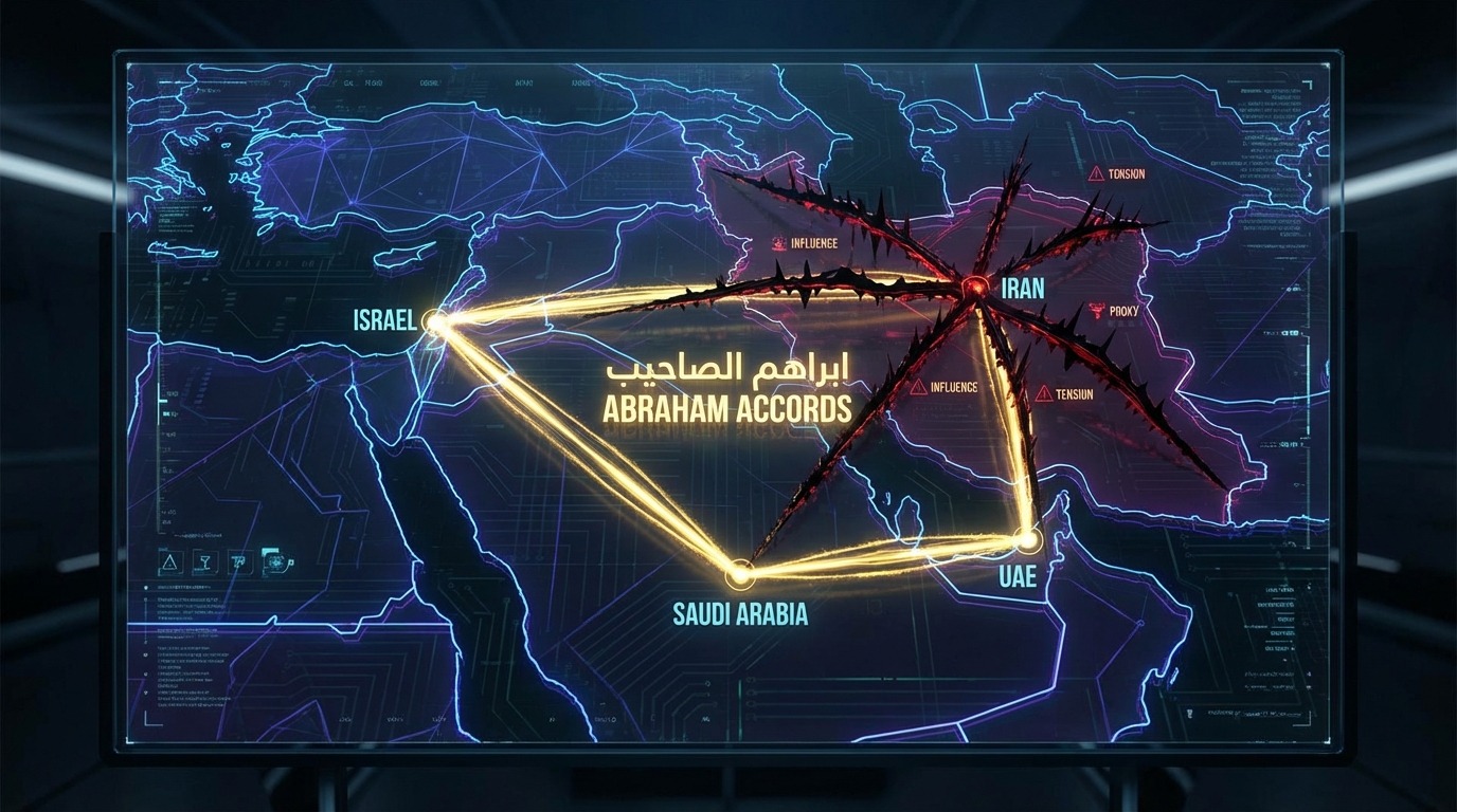이스라엘, 사우디, UAE를 연결하는 아브라함 협정, 중동 평화 구상과 이란 견제를 상징하는 지도