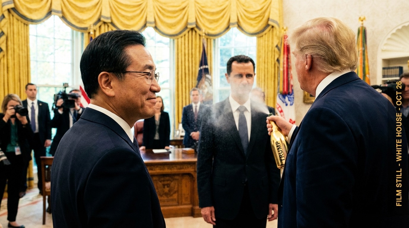 백악관 회담 중 트럼프가 알샤라 대통령에게 향수를 선물하는 예상 밖의 순간