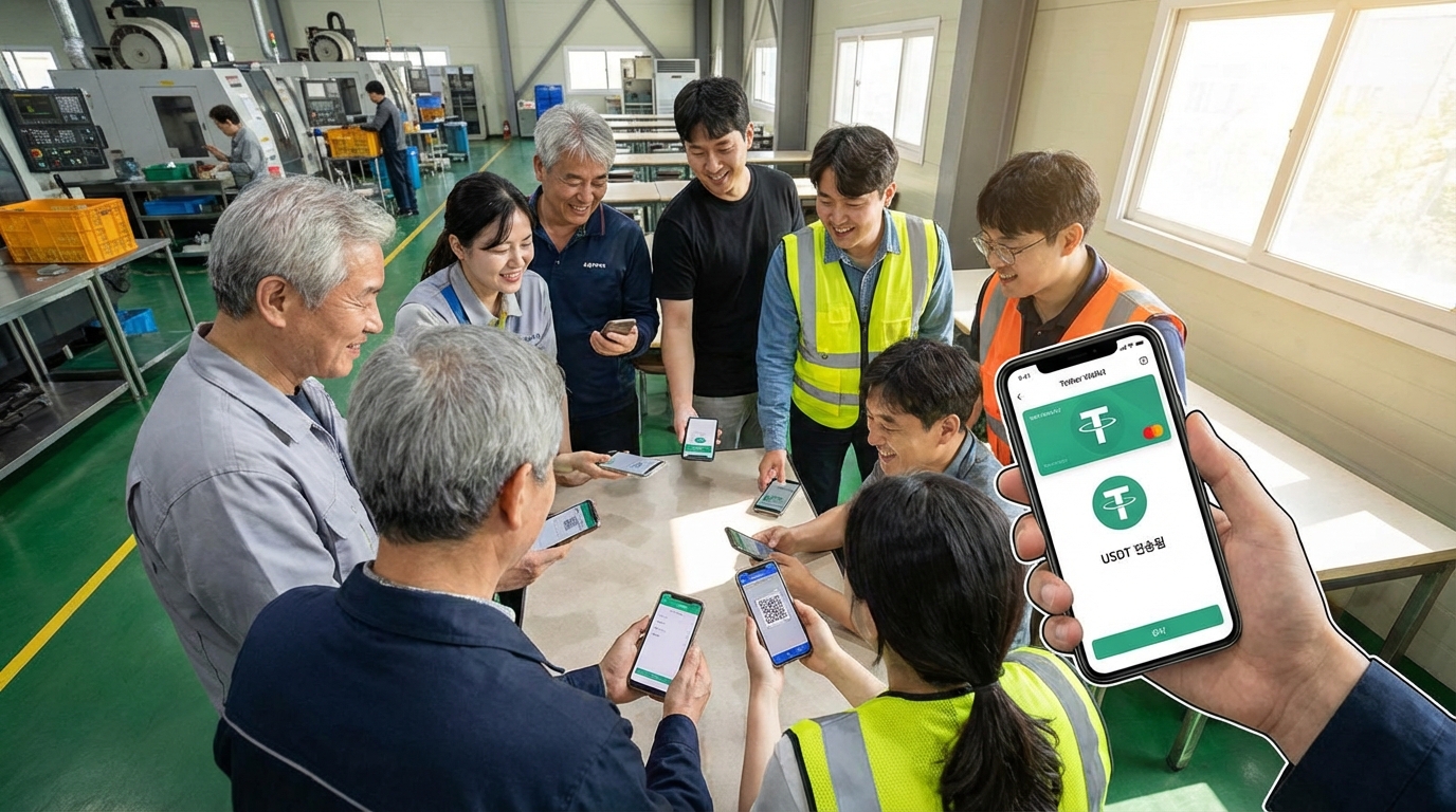 가상 그래프에서 토큰화된 부동산 자산의 상승을 자신감 있게 바라보는 한국인, 부와 혁신을 상징.