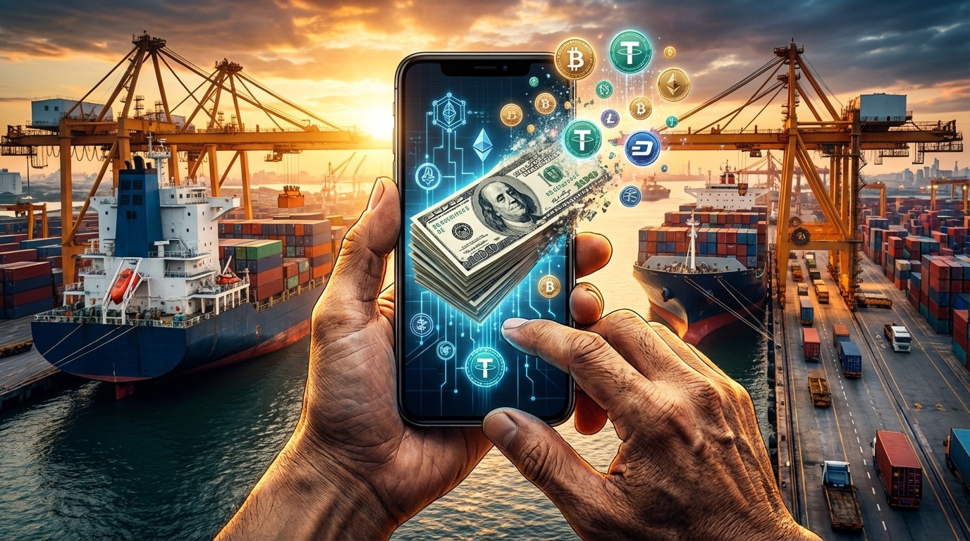 삼성 갤럭시 폰에 안전한 암호화폐 지갑 인터페이스가 표시된 모습, 글로벌 금융 허브 배경.