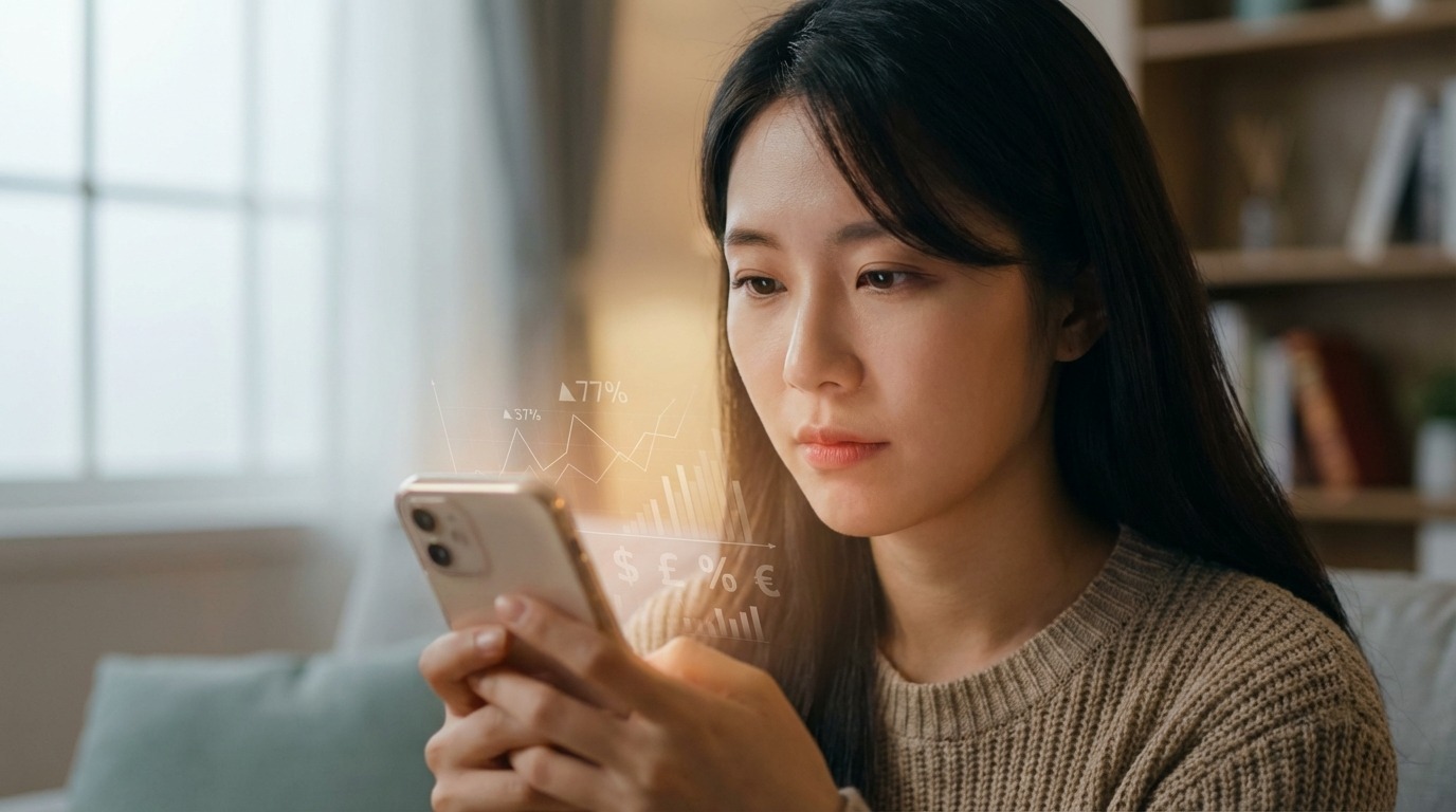 2025년 달라지는 제도에 맞춰 스마트폰으로 금융 계획을 세우는 한국 여성