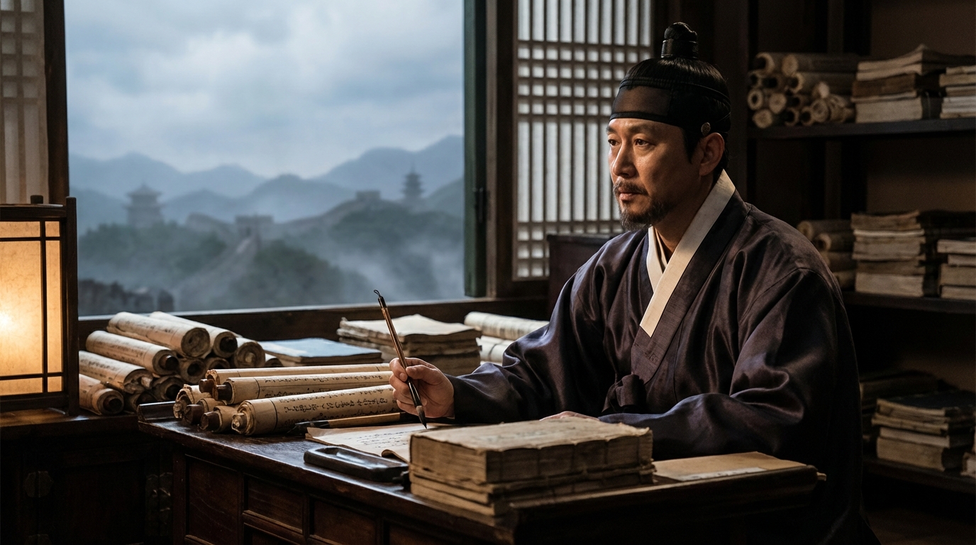 전통 의상을 입은 한국인 학자가 고서에 둘러싸여 한국 고유의 문화적 정체성을 사유하는 모습