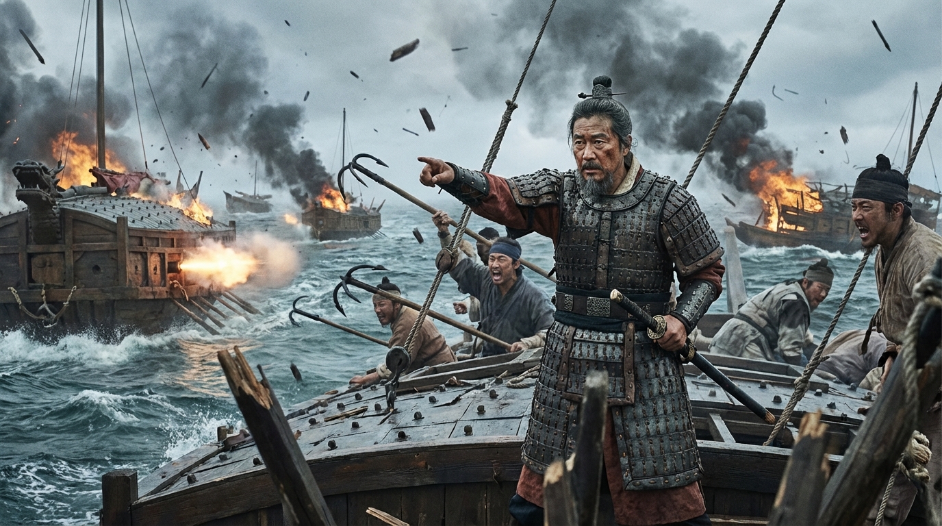 거북선 위에서 혼란스러운 해전 속에서도 결연한 표정으로 지휘하는 이순신 장군