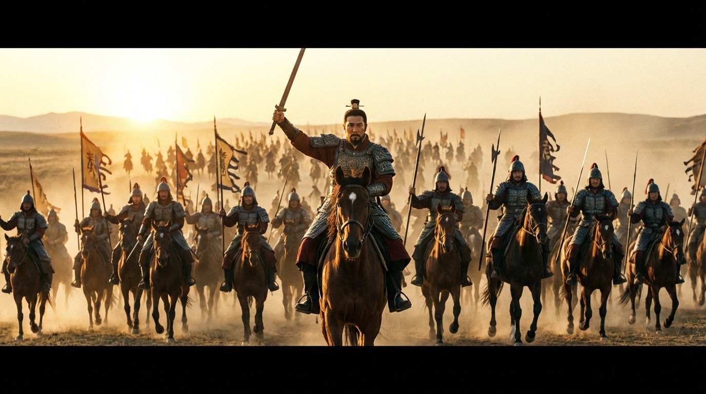 요동벌을 가로지르며 기병대를 이끌고 진격하는 광개토대왕의 웅장한 모습