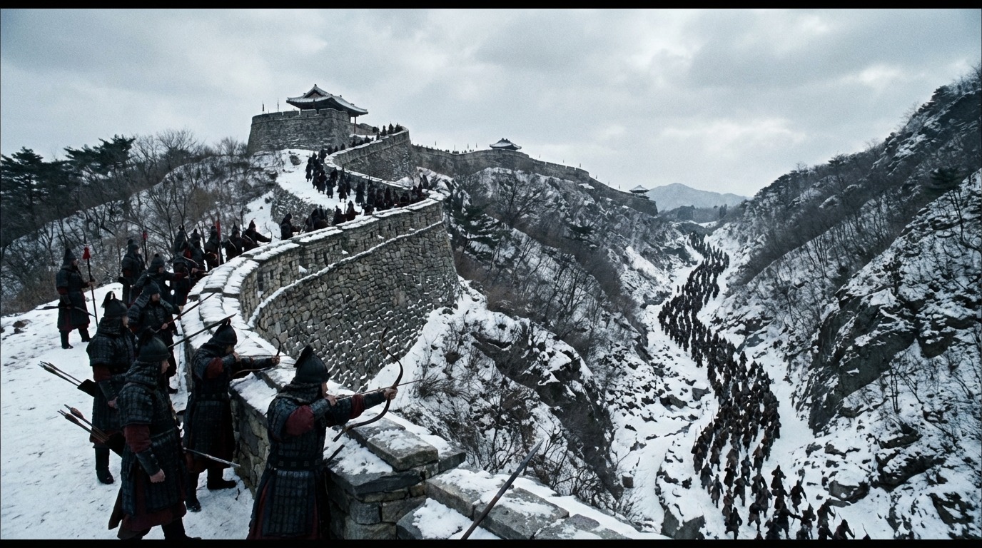 험준한 산악 지형에 위치한 한국의 산성에서 병사들이 침략군을 막아내는 모습