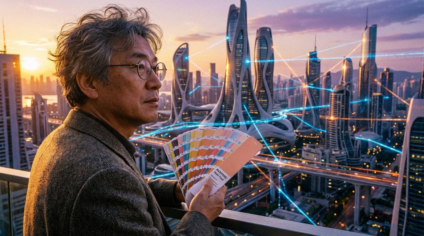 펜톤 컬러칩을 든 교수가 미래 도시를 바라보는 이미지