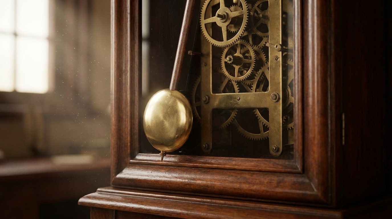 고풍스러운 기계식 괴종시계의 흔들리는 진자와 정교한 기어