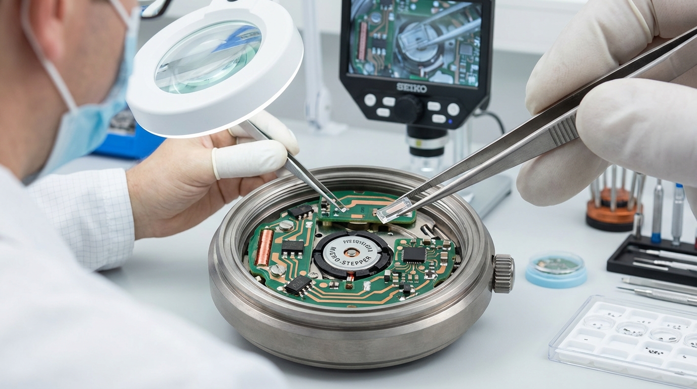 정교하게 조립되고 있는 현대적인 세이코 쿼츠 손목시계 부품