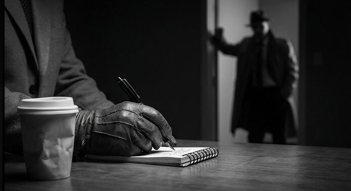 위험한 주제를 취재하는 언론인의 손과 배경의 그림자