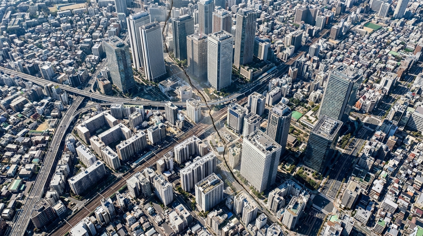 숨겨진 사회적 균열을 상징하는 현대 일본 도시의 전경