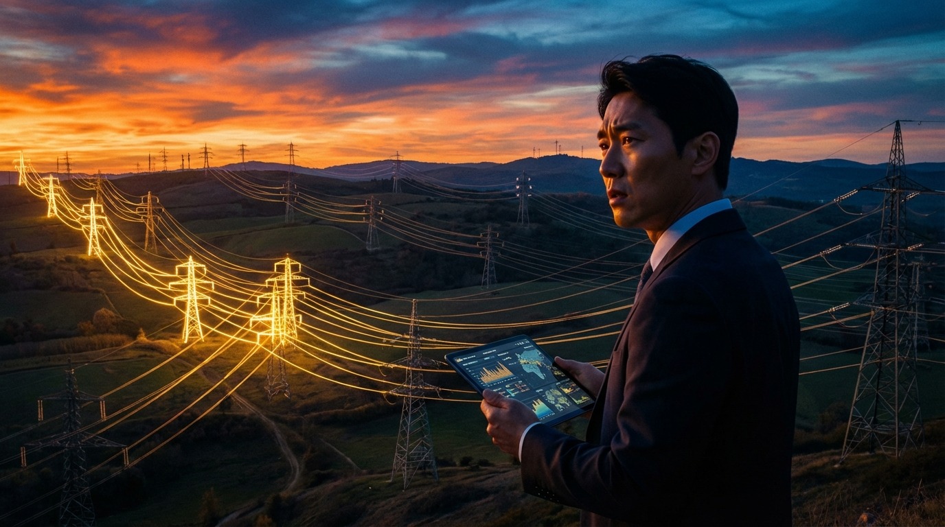 유럽 전력망의 복잡한 흐름과 에너지 전환을 고심하는 전문가의 모습