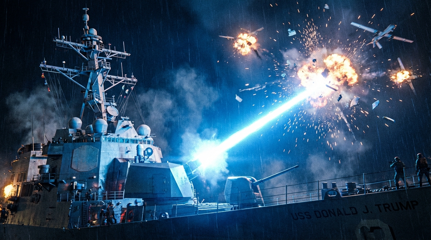 트럼프급 전함의 고출력 레이저가 드론을 요격하는 장면