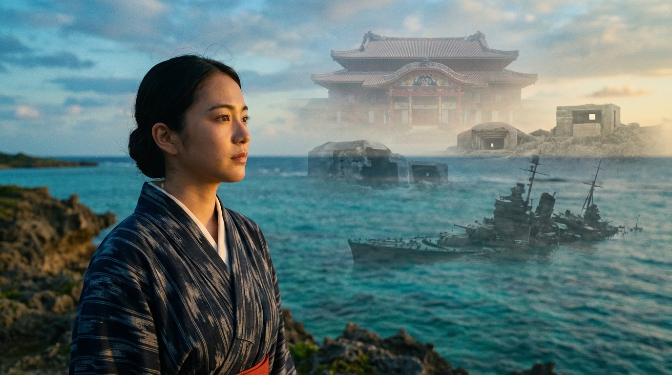 오키나와의 아름다운 자연과 그 속에 담긴 류큐 왕국 및 전쟁의 아픈 역사를 상징하는 이미지