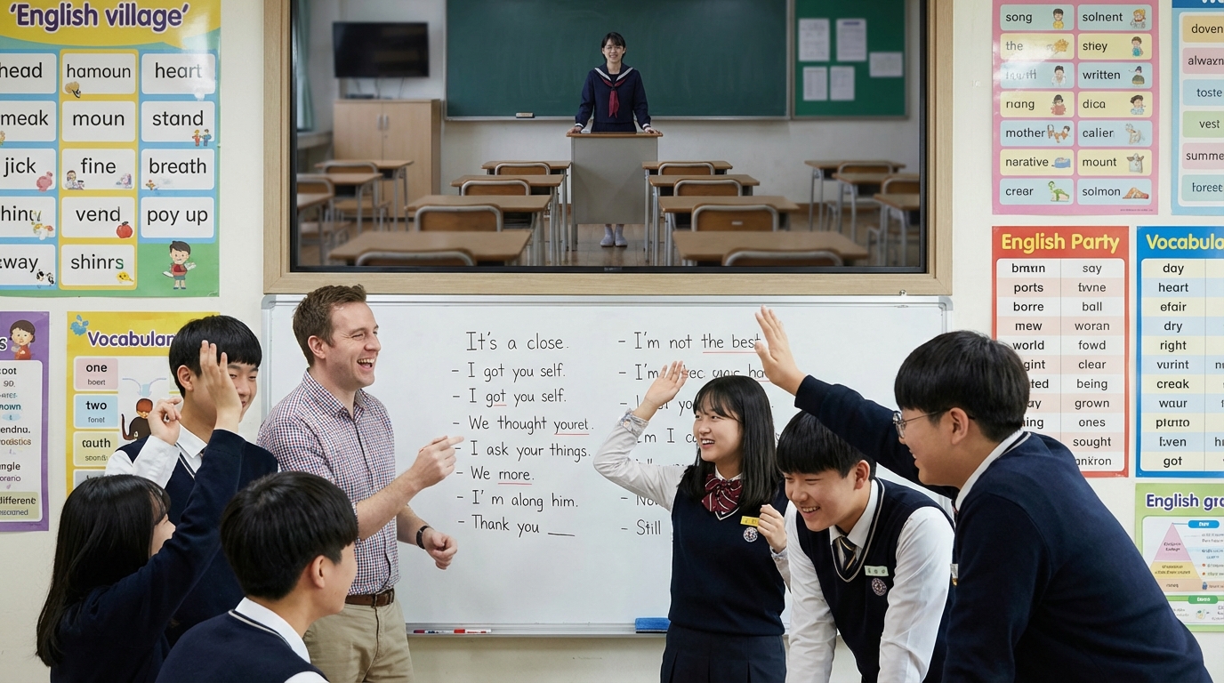 한국의 역동적인 영어 교육 환경과 일본의 전통적인 학습 방식을 대조하는 이미지