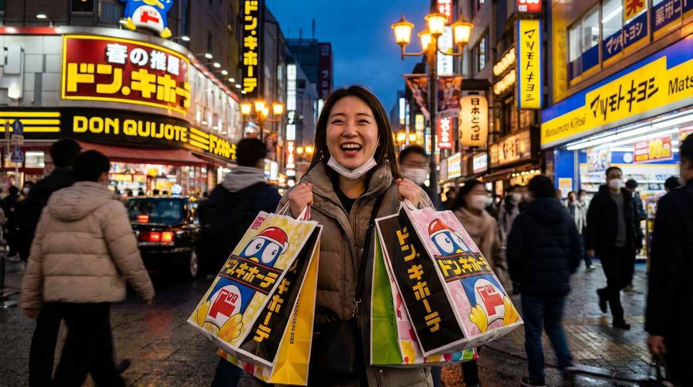 도쿄 돈키호테에서 즐겁게 쇼핑하는 한국인 관광객의 모습
