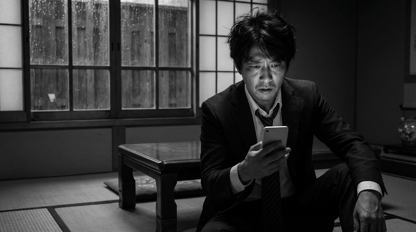 실질 임금 하락과 경제적 부담에 지쳐 스마트폰으로 금융 정보를 확인하는 일본인 직장인