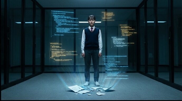 AI 시대 전통적 학위의 종말을 상징하는 깨진 졸업장을 든 한국 학생