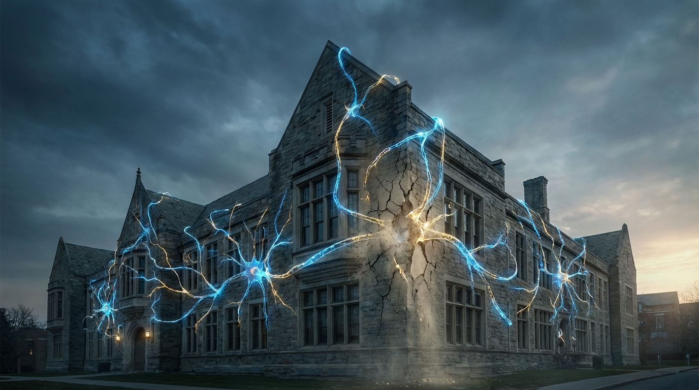 AI 신경망이 전통적인 대학 건물을 해체하는 강력한 추상적 이미지