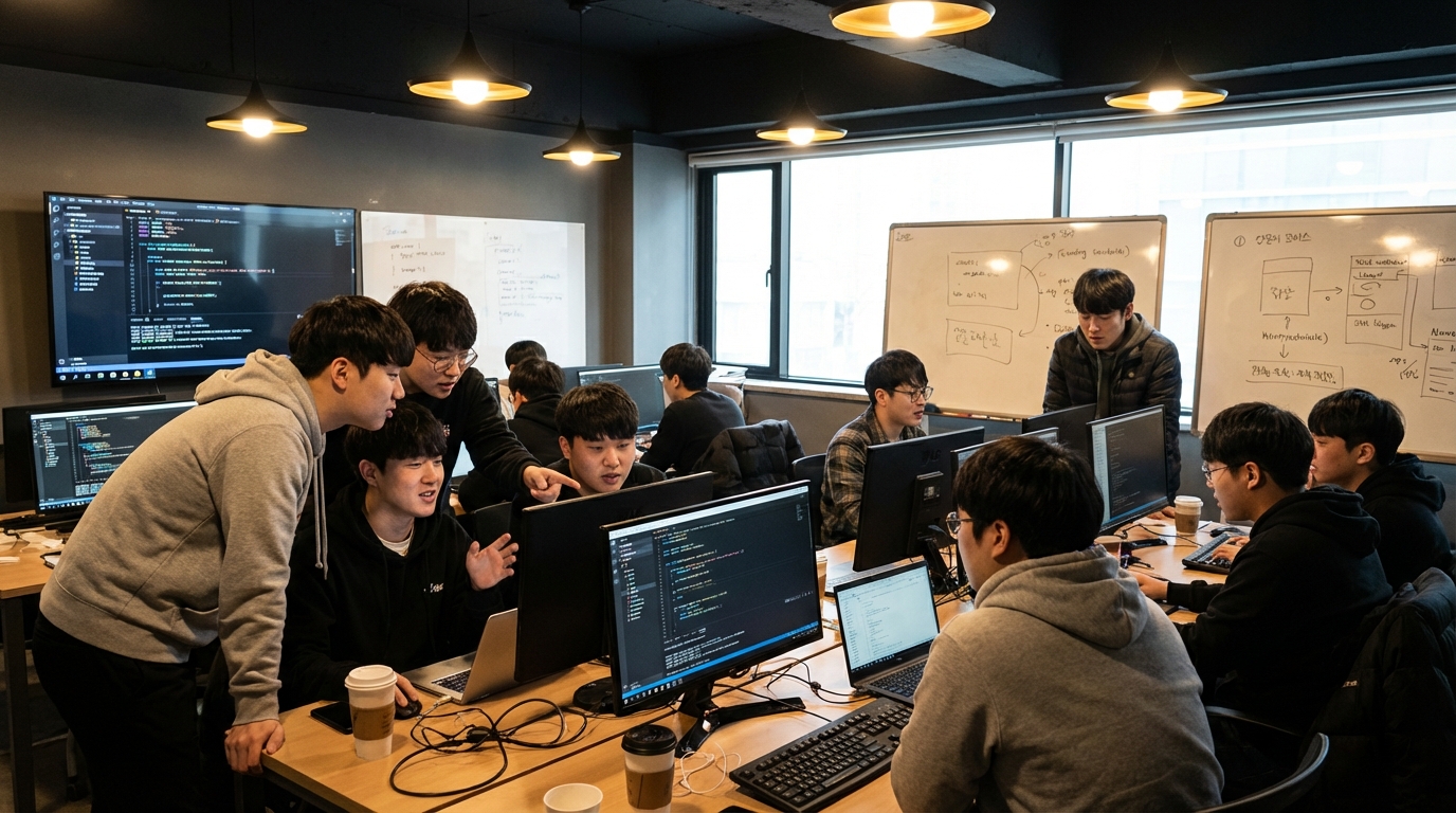 데이터 기반 인재 평가를 시각화하는 홀로그래픽 디스플레이를 보는 한국 CEO