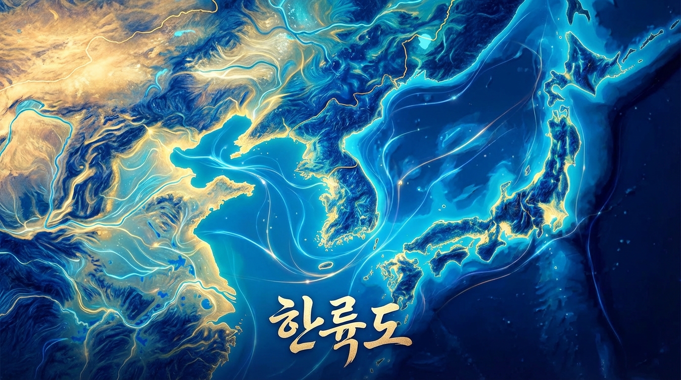 미래 지향적인 AI 오피스 환경과 고대 한국 문양이 조화롭게 어우러져 역사적 지혜와 미래 혁신이 연결됨을 표현