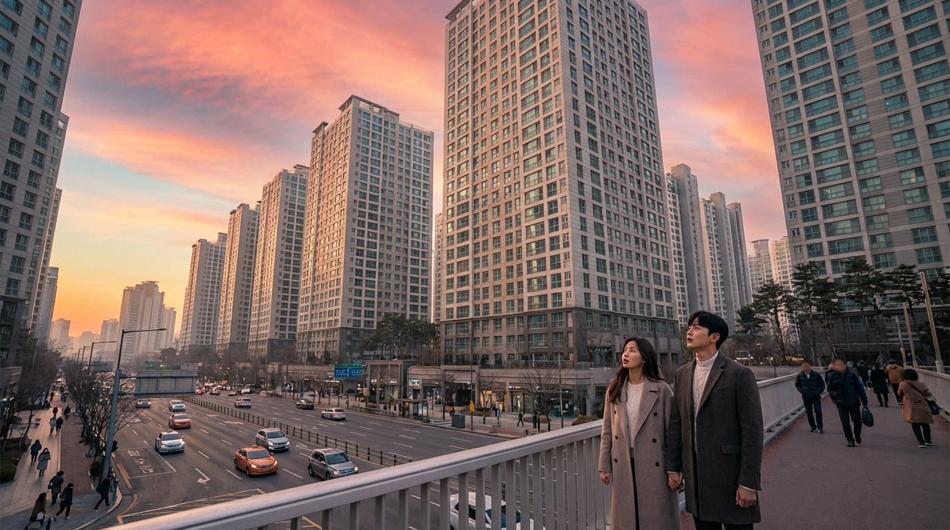 서울의 복잡한 아파트 단지를 올려다보는 젊은 부부, 주거 스트레스와 희망이 공존하는 풍경