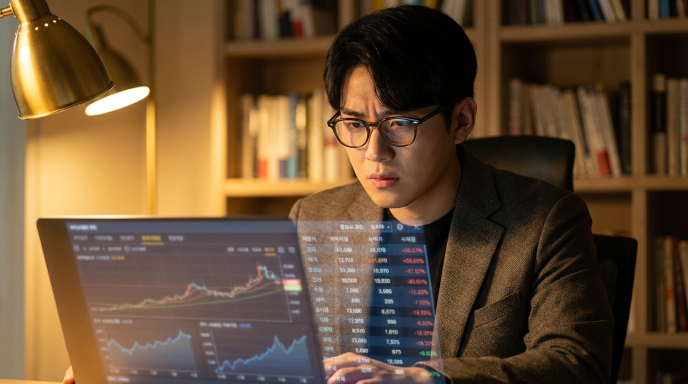 노트북으로 부동산 시장 그래프를 분석하는 젊은 전문가, 심사숙고하는 재정 결정의 모습