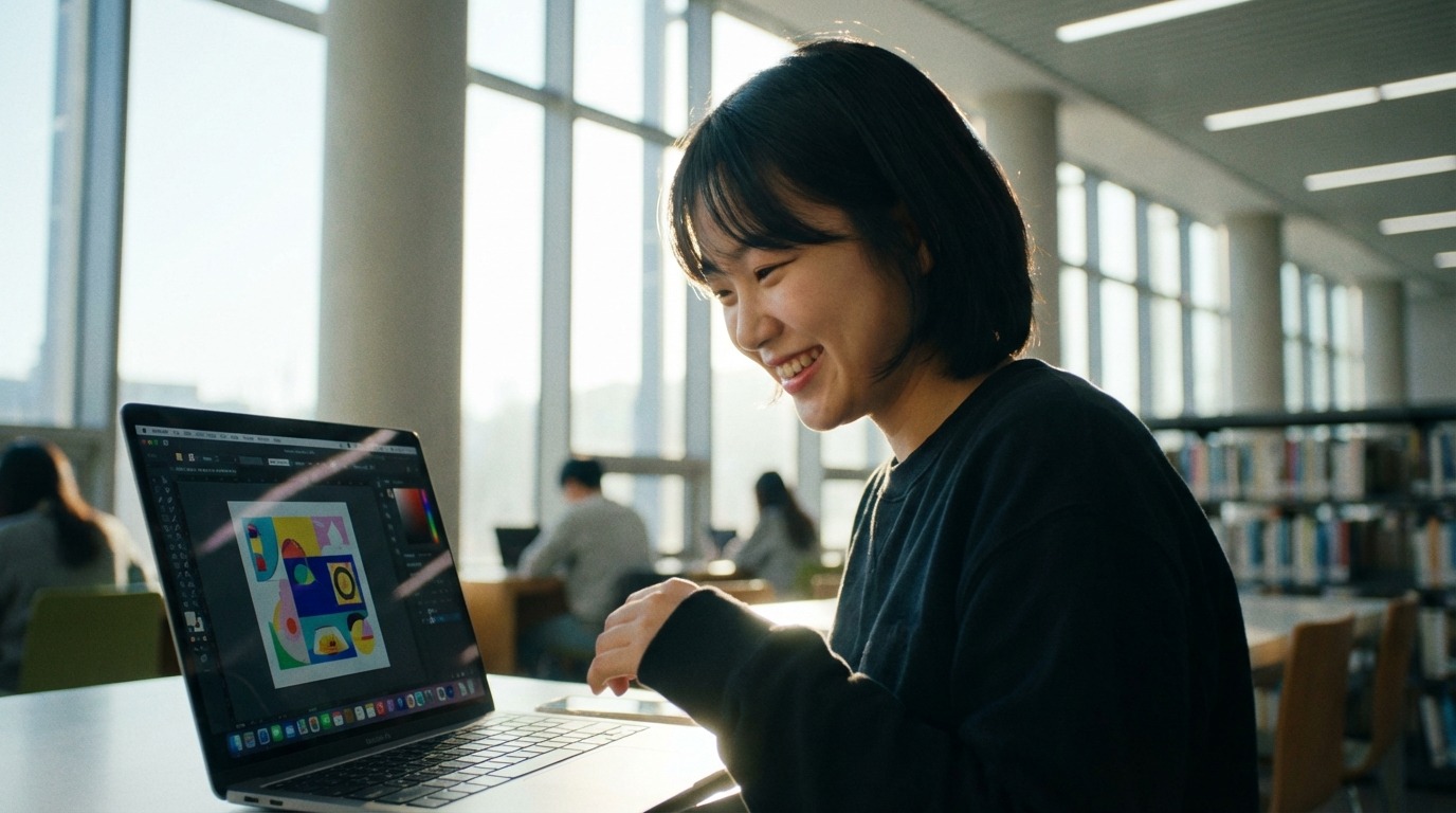 현대적인 도서관에서 맥북을 사용하는 행복한 한국 대학생