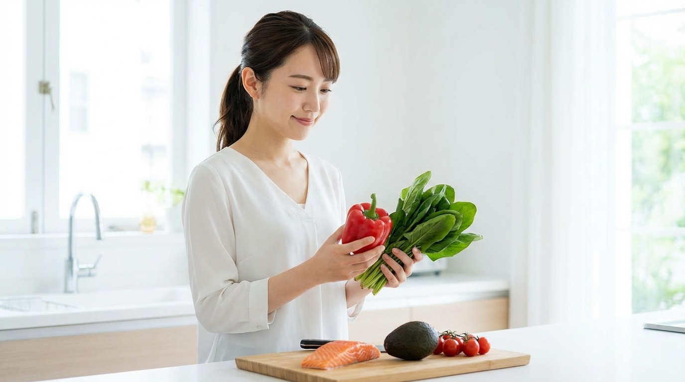 신선한 채소와 단백질로 균형 잡힌 식사를 준비하는 모습