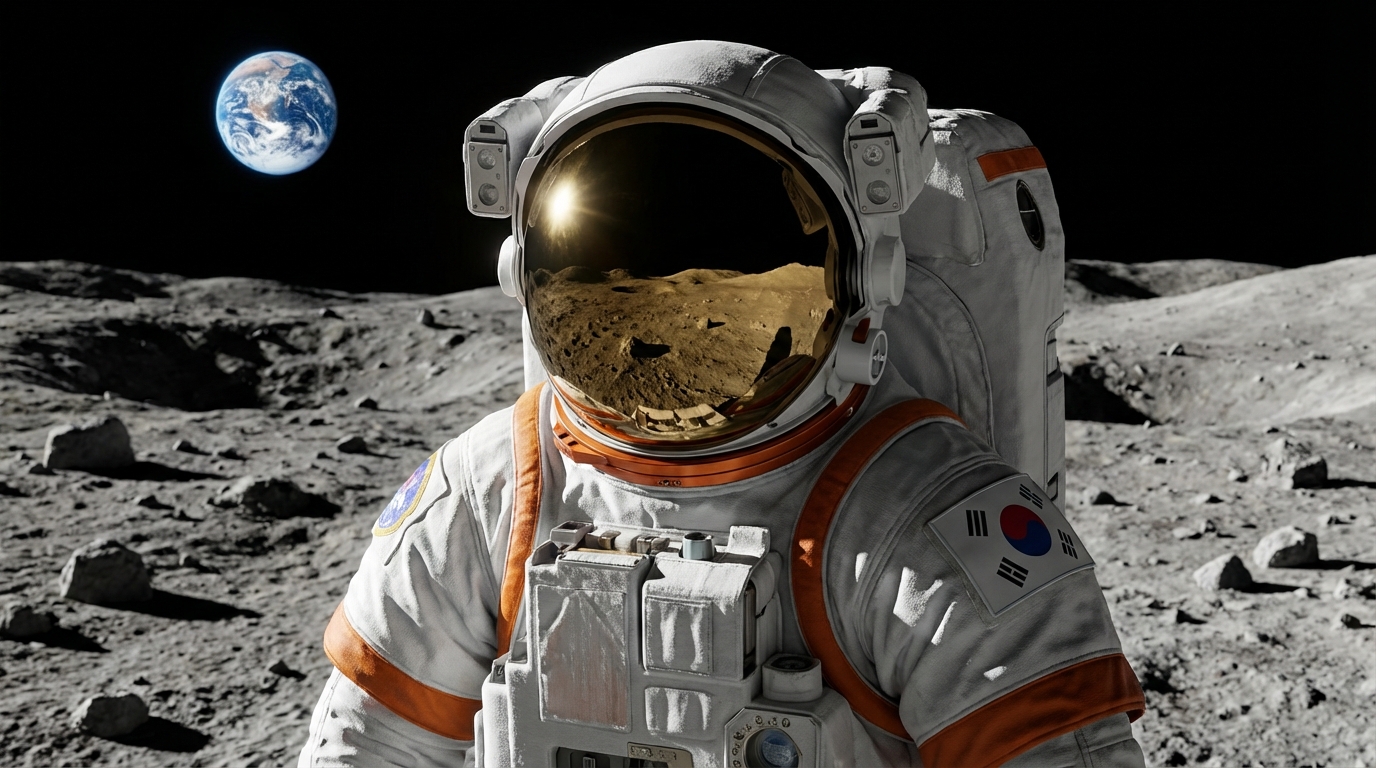 한국인 우주 비행사가 미래형 달 기지 앞에서 달 표면에 서 있는 모습, 인류의 달 개척 의지를 보여줍니다.