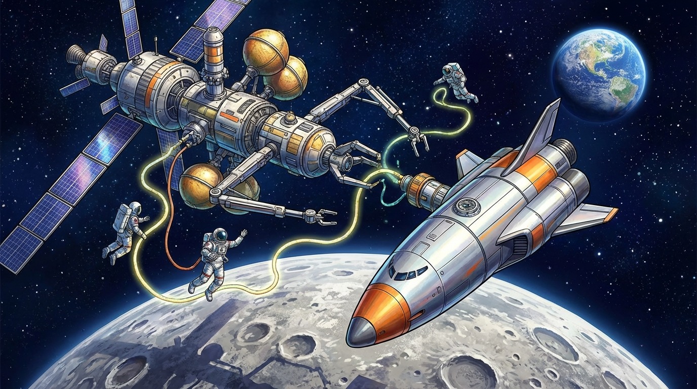 달 표면으로 착륙하는 현대적인 달 착륙선, 고난이도 기술의 도전을 보여줍니다.