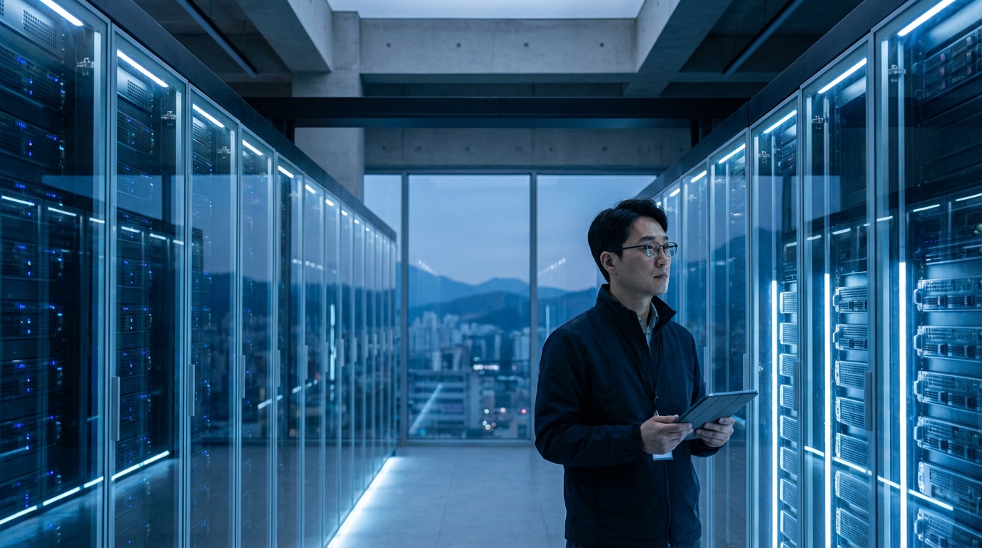 미래형 도시 야경과 국가 AI 인프라를 상징하는 데이터 센터의 웅장한 모습