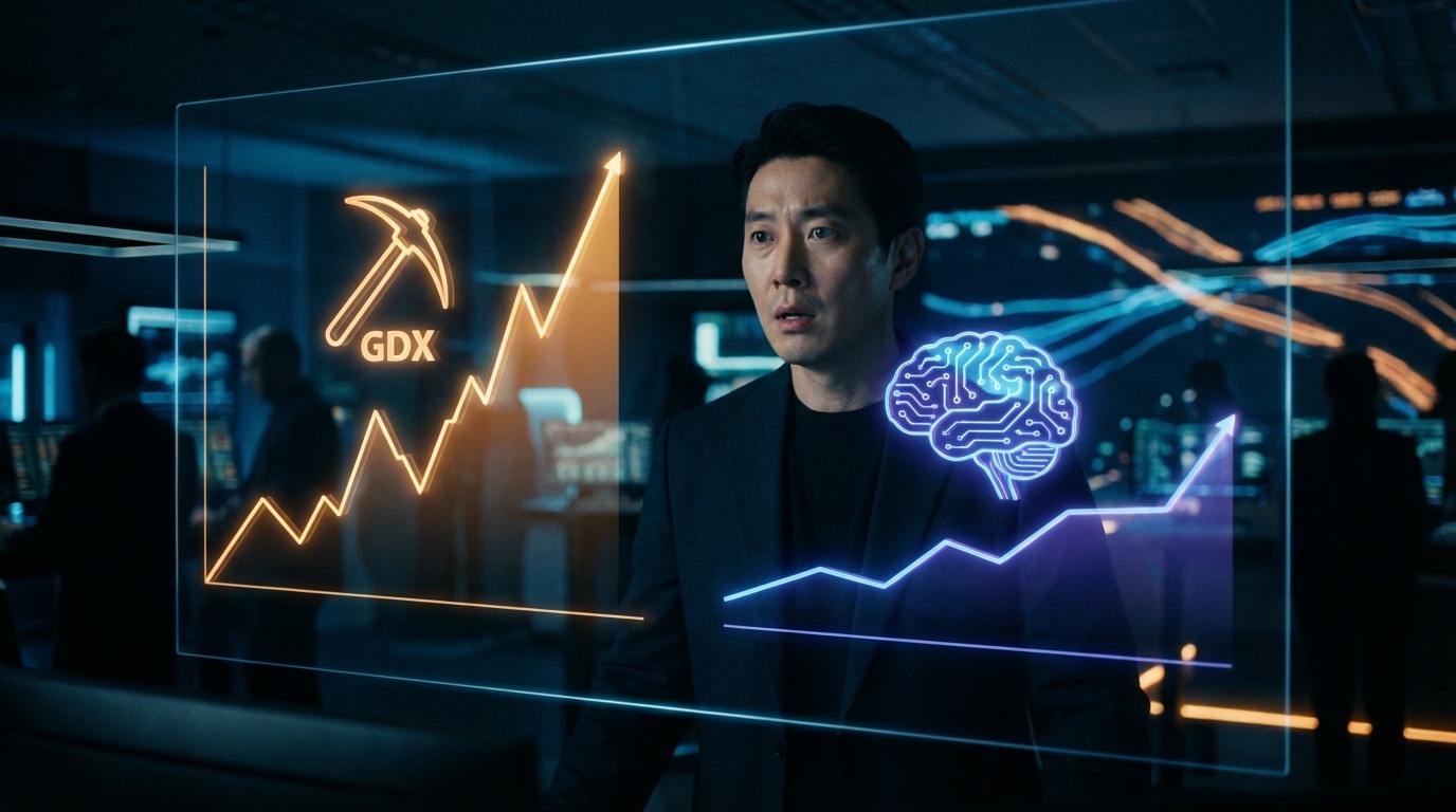 한국인 투자자가 홀로그램 디스플레이에서 AI 주식 대비 급등하는 금광 ETF GDX 주가 그래프를 지켜보는 모습