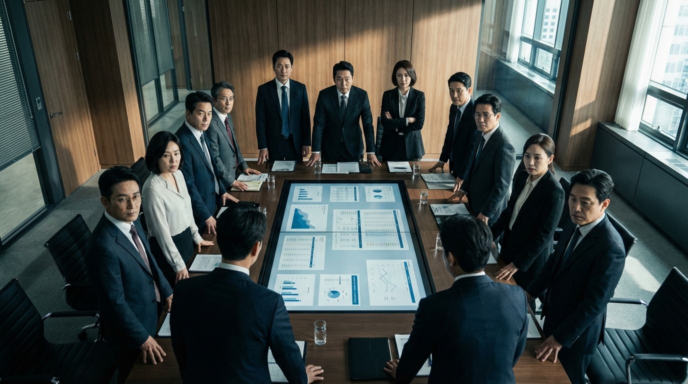 무너져가는 재정 보고서와 함께 과거 금광 회사 경영 실패로 후회하는 한국인 비즈니스 임원의 어둡고 극적인 모습