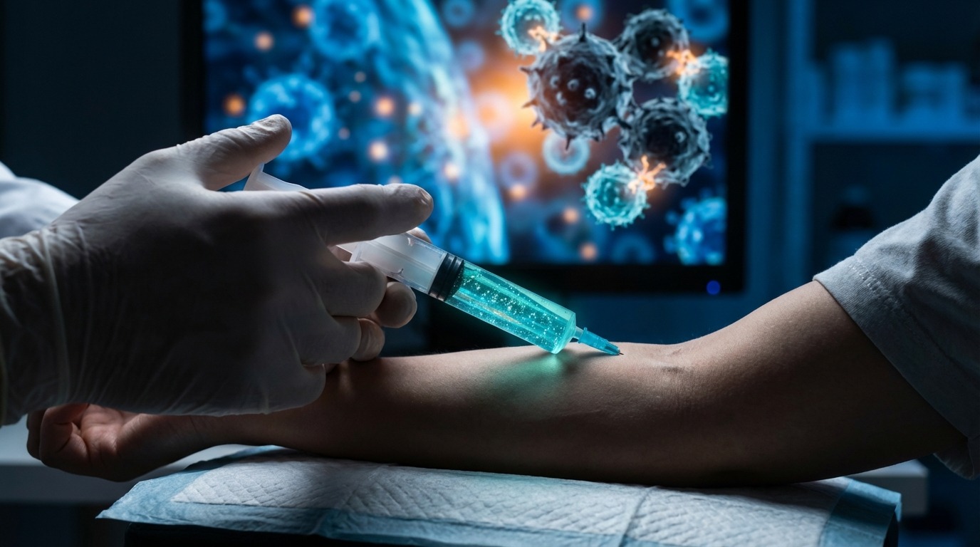 질병 치료를 위해 정밀하게 설계된 단백질 기반 약물 주입 장면