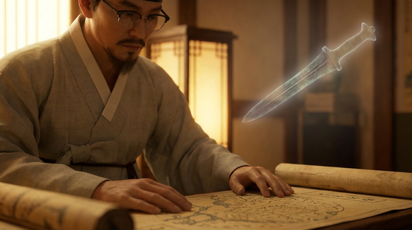 비파형 동검과 청동 거울, 고대 지도 등 한국의 유물을 연구하는 학자의 모습에서 우리 문화의 독창적이고 깊이 있는 지혜를 상징