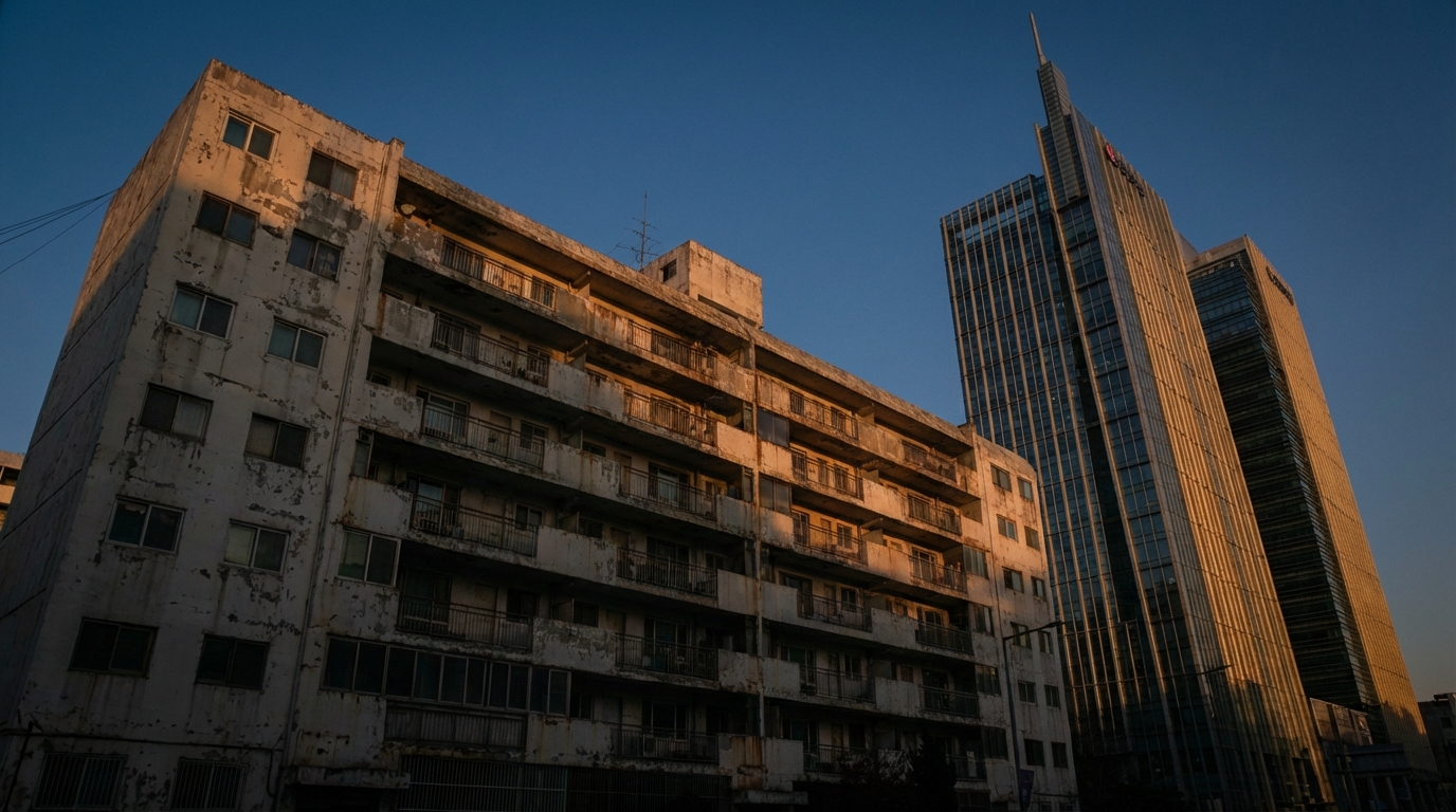 강남의 낡은 은마아파트와 현대식 초고층 빌딩의 대비, 재건축의 현실을 보여주는 풍경
