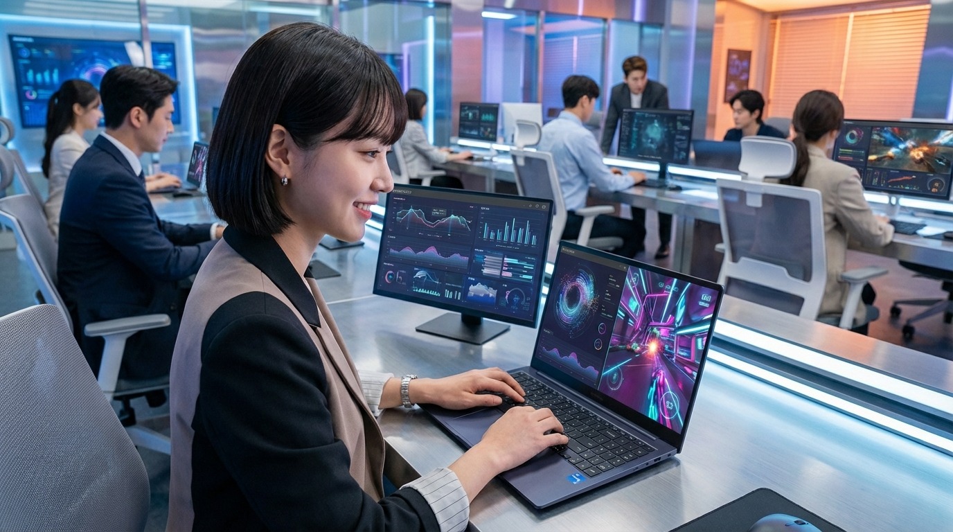 야외 카페에서 LG 그램 노트북을 들고 있는 한국인 여행자