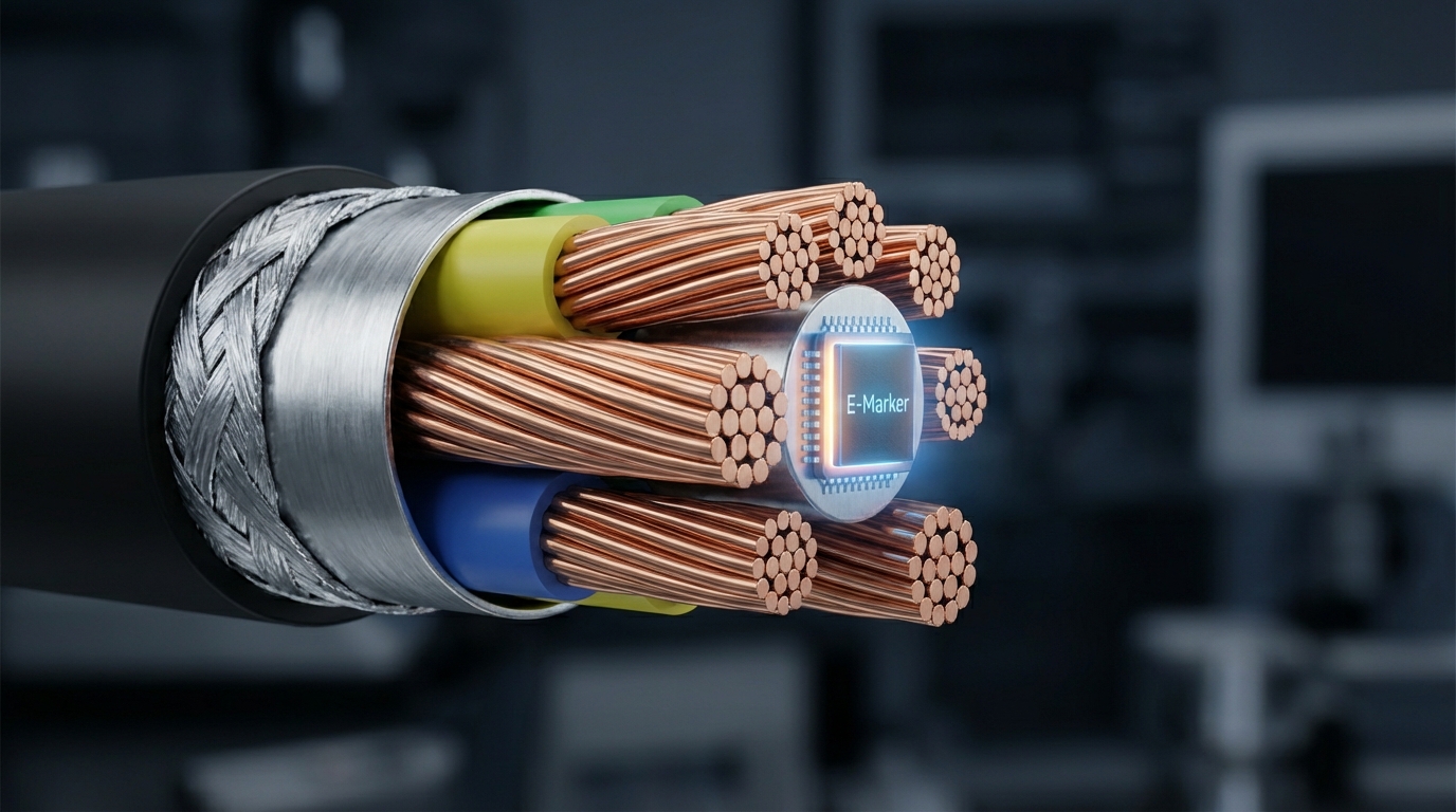 USB-C 케이블 내부 E-Marker 칩의 상세한 단면