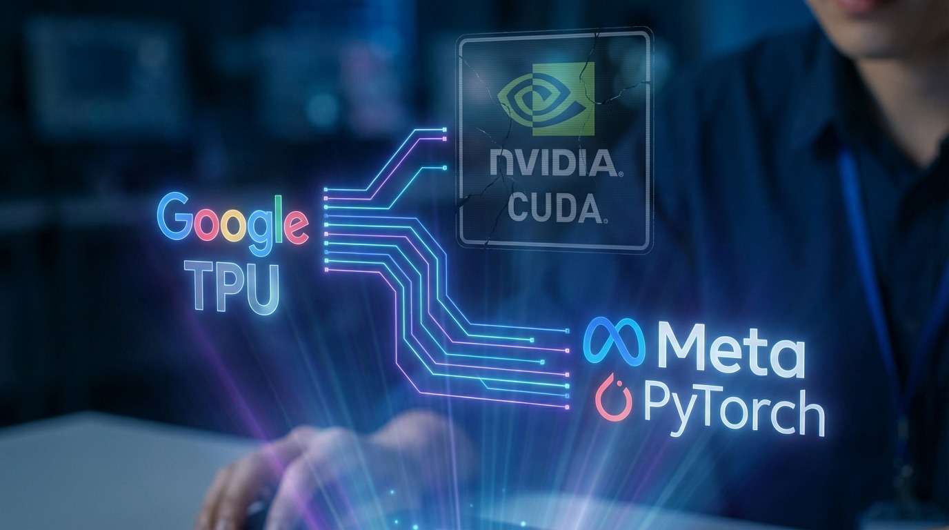 구글 TPU와 다른 AI 칩이 데이터 스트림과 얽혀 엔비디아 GPU의 제약을 벗어나 혁신을 추구하는 미래형 데이터 센터의 모습