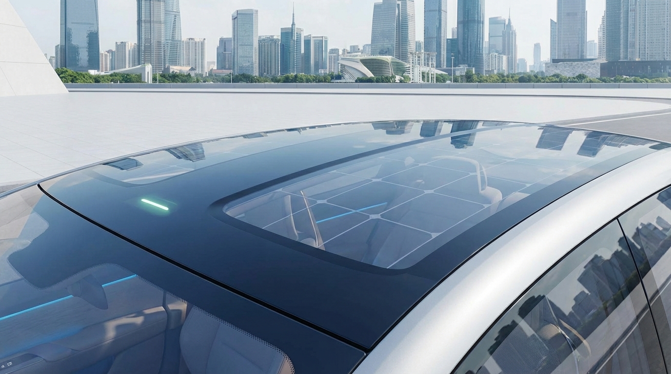 투명 페로브스카이트 탠덤셀이 통합된 전기차 유리로 충전되는 미래형 자율주행차의 모습
