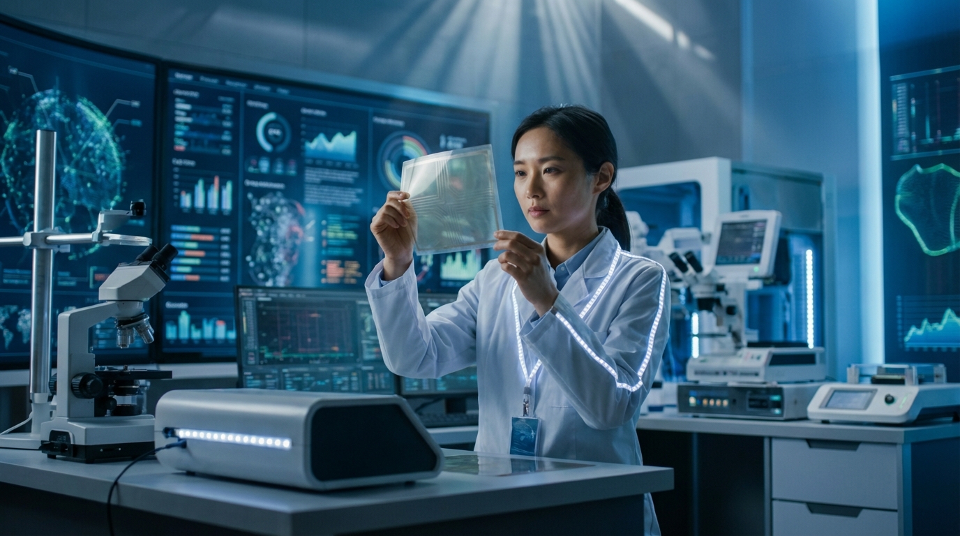 혁신적인 탠덤셀 태양광 패널이 설치된 대규모 태양광 발전소와 이를 관찰하는 한국인 엔지니어