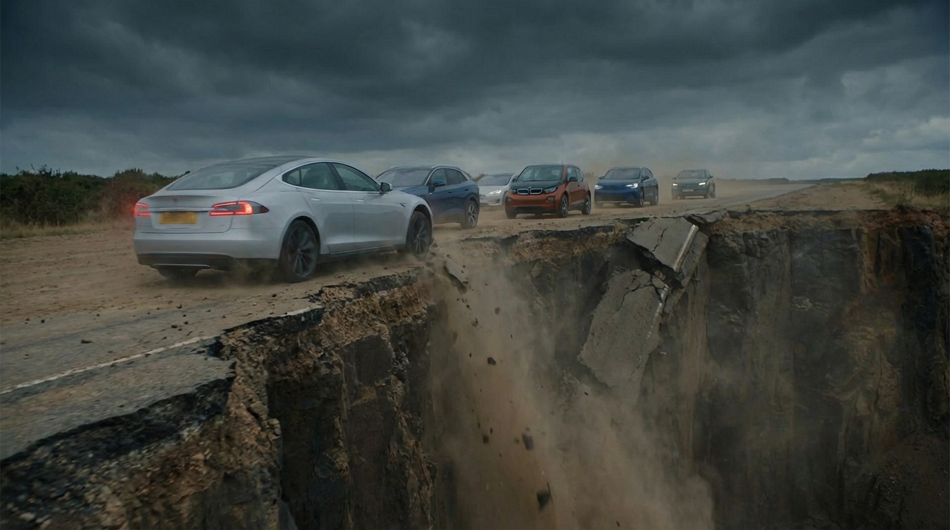 중국 정부를 상징하는 손이 파산 위기에 처한 전기차 기업들에 생명줄을 제공하여 좀비 기업으로 연명시키는 모습