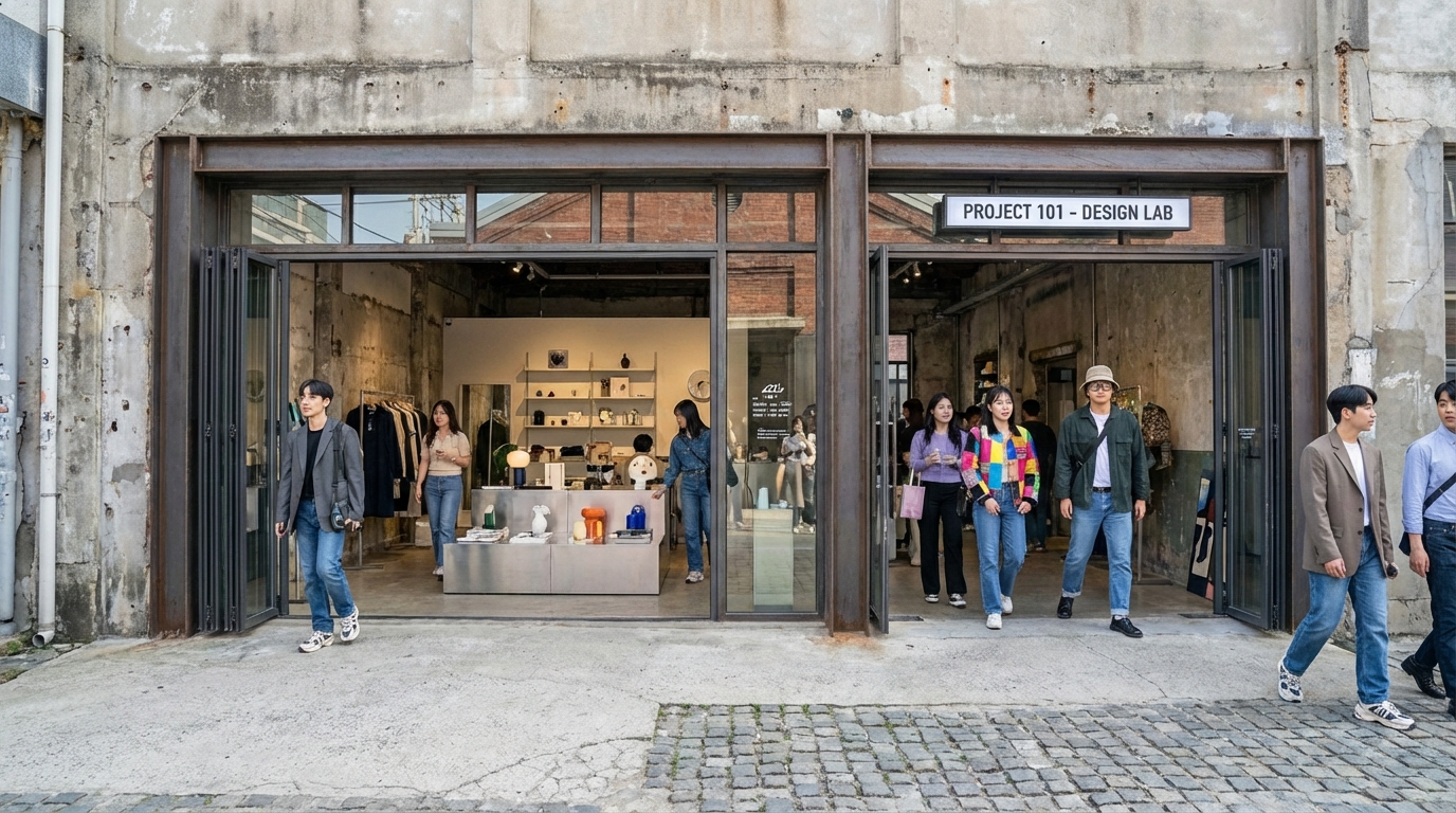 활기찬 성수동 거리 풍경, 젊은이들이 독특한 상점과 카페를 즐기는 모습