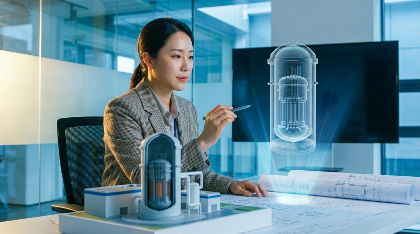 재생에너지의 미래를 상징하는 거대한 풍력 터빈과 과학자