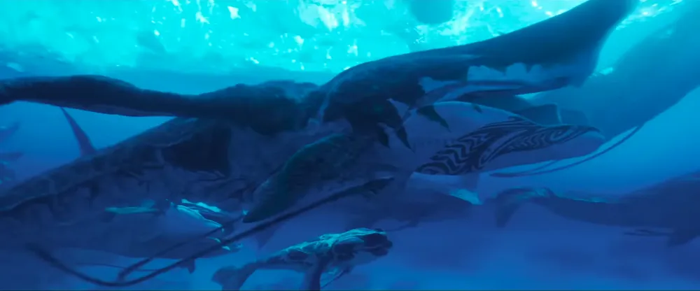 제이크와 네이티리 가족이 툴쿤과 함께 아름다운 산호초 바다에서 수영하는 모습