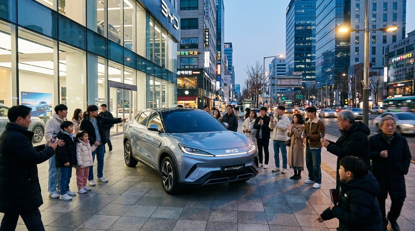 한국 도시의 BYD 전기차 쇼룸 앞에서 호기심 가득한 한국인들이 BYD Seagull 7 모델을 바라보는 모습