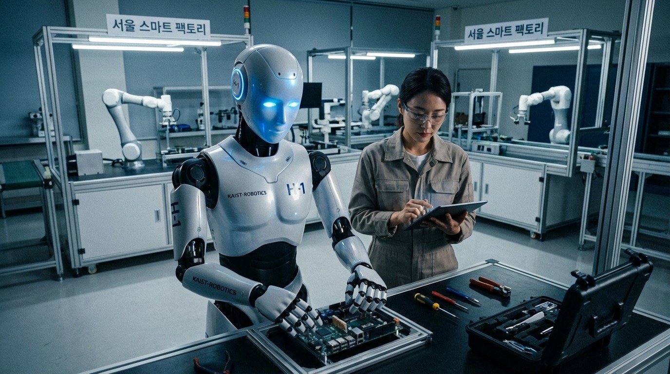 첨단 공장에서 인간 엔지니어와 협력하여 정밀 작업을 수행하는 한국형 휴머노이드 로봇