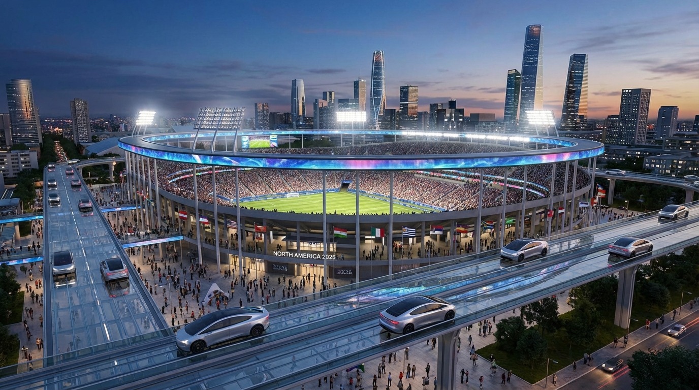 2026 월드컵 경기장에 도착하는 테슬라 사이버캡 로보택시