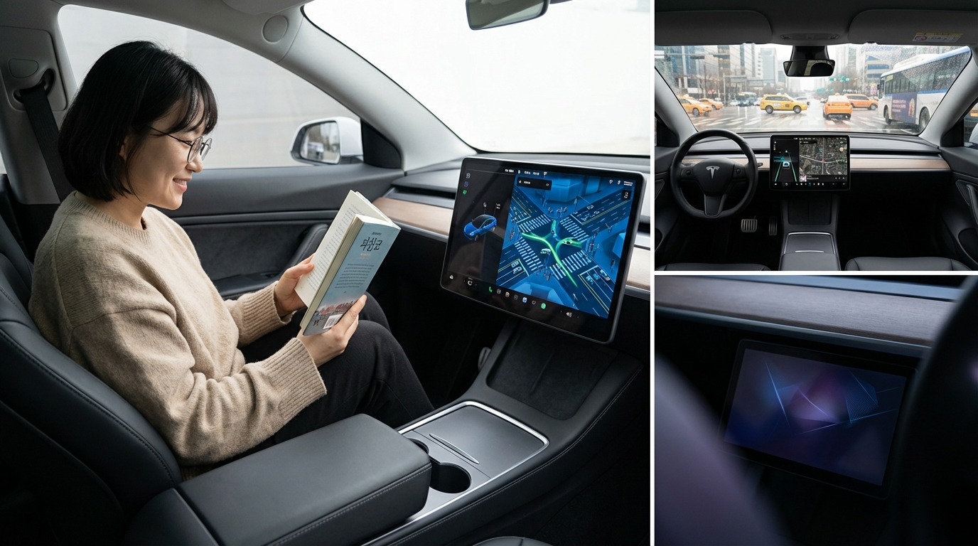 테슬라 FSD 차량 내부에서 편안하게 책을 읽는 승객